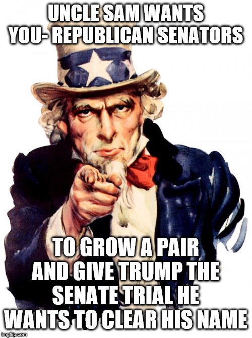 Uncle Sam Meme | UNCLE SAM WANTS YOU- REPUBLICAN SENATORS; TO GROW A PAIR AND GIVE TRUMP THE SENATE TRIAL HE WANTS TO CLEAR HIS NAME | image tagged in memes,uncle sam | made w/ Imgflip meme maker