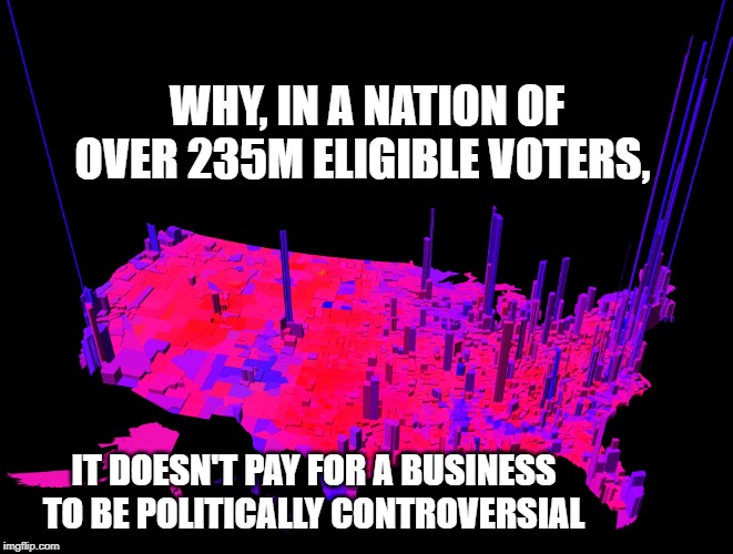 2016 Election by county and population density | WHY, IN A NATION OF OVER 235M ELIGIBLE VOTERS, IT DOESN'T PAY FOR A BUSINESS TO BE POLITICALLY CONTROVERSIAL | image tagged in 2016 election by county and population density | made w/ Imgflip meme maker