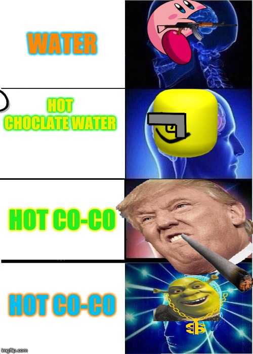 Expanding Brain | WATER; HOT CHOCLATE WATER; HOT CO-CO; HOT CO-CO | image tagged in memes,expanding brain | made w/ Imgflip meme maker