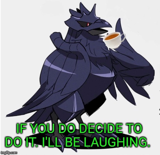 The_Tea_Drinking_Corviknight | IF YOU DO DECIDE TO DO IT. I'LL BE LAUGHING. | image tagged in the_tea_drinking_corviknight | made w/ Imgflip meme maker