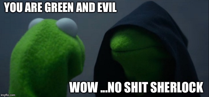 Evil Kermit | YOU ARE GREEN AND EVIL; WOW ...NO SHIT SHERLOCK | image tagged in memes,evil kermit | made w/ Imgflip meme maker