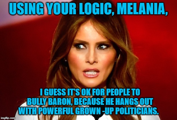Melania trump  | USING YOUR LOGIC, MELANIA, I GUESS IT'S OK FOR PEOPLE TO BULLY BARON, BECAUSE HE HANGS OUT WITH POWERFUL GROWN -UP POLITICIANS. | image tagged in melania trump | made w/ Imgflip meme maker