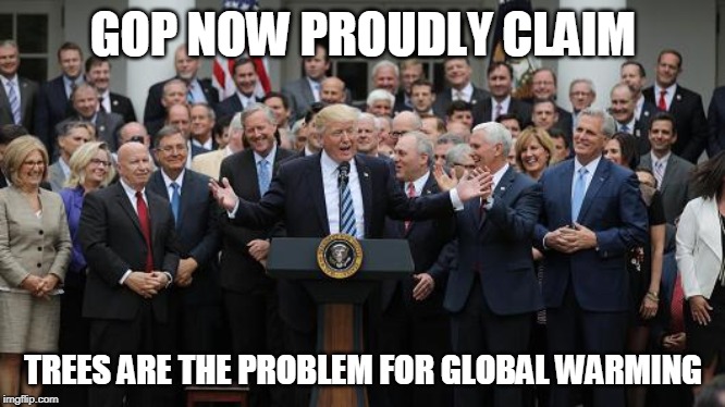 GOP Healthcare celebration 2 | GOP NOW PROUDLY CLAIM; TREES ARE THE PROBLEM FOR GLOBAL WARMING | image tagged in gop healthcare celebration 2 | made w/ Imgflip meme maker