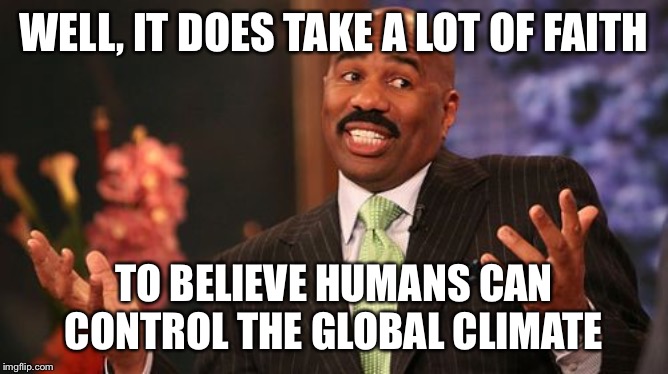 Steve Harvey Meme | WELL, IT DOES TAKE A LOT OF FAITH TO BELIEVE HUMANS CAN CONTROL THE GLOBAL CLIMATE | image tagged in memes,steve harvey | made w/ Imgflip meme maker