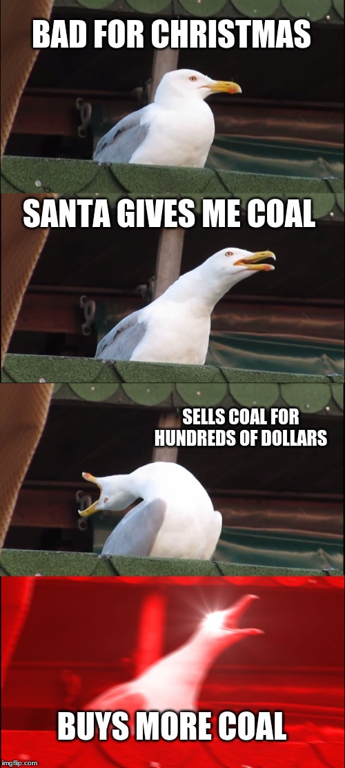 Inhaling Seagull | BAD FOR CHRISTMAS; SANTA GIVES ME COAL; SELLS COAL FOR HUNDREDS OF DOLLARS; BUYS MORE COAL | image tagged in memes,inhaling seagull | made w/ Imgflip meme maker