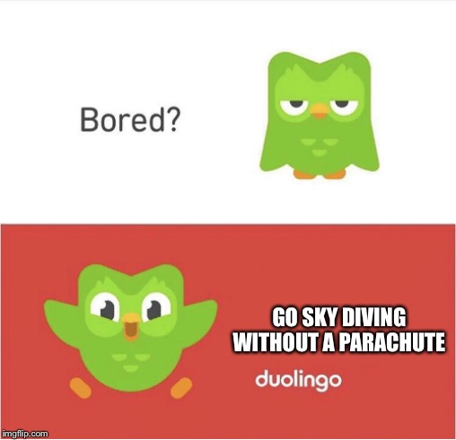 DUOLINGO BORED | GO SKY DIVING WITHOUT A PARACHUTE | image tagged in duolingo bored | made w/ Imgflip meme maker