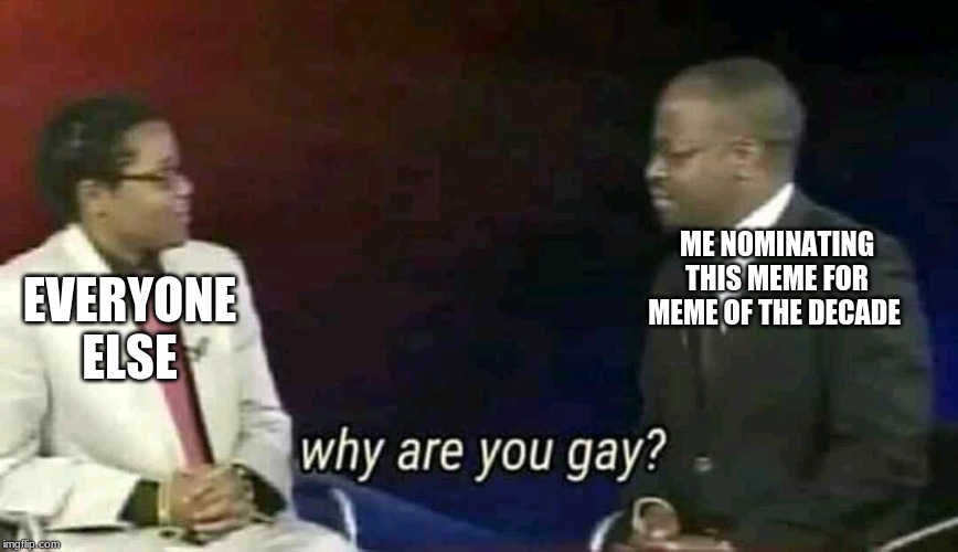 Why are you gay? | ME NOMINATING THIS MEME FOR MEME OF THE DECADE; EVERYONE ELSE | image tagged in why are you gay | made w/ Imgflip meme maker