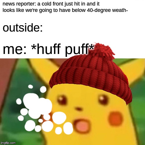 news reporter: a cold front just hit in and it looks like we're going to have below 40-degree weath-; outside:; me: *huff puff* | image tagged in memes,wholesome | made w/ Imgflip meme maker