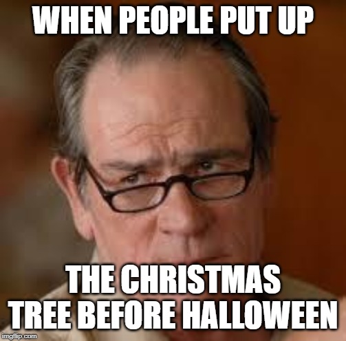 my face when someone asks a stupid question | WHEN PEOPLE PUT UP; THE CHRISTMAS TREE BEFORE HALLOWEEN | image tagged in my face when someone asks a stupid question | made w/ Imgflip meme maker