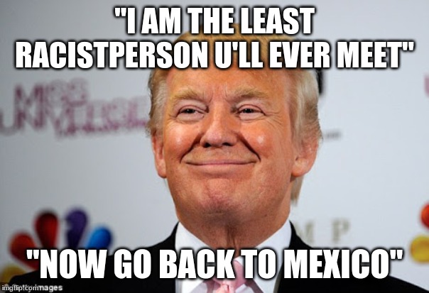 Donald trump approves | "I AM THE LEAST RACISTPERSON U'LL EVER MEET"; "NOW GO BACK TO MEXICO" | image tagged in donald trump approves | made w/ Imgflip meme maker
