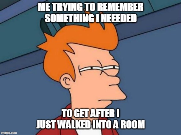 Futurama Fry | ME TRYING TO REMEMBER SOMETHING I NEEEDED; TO GET AFTER I JUST WALKED INTO A ROOM | image tagged in memes,futurama fry | made w/ Imgflip meme maker