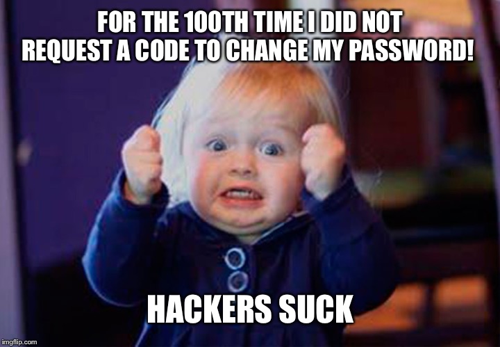 I'm so excited | FOR THE 100TH TIME I DID NOT REQUEST A CODE TO CHANGE MY PASSWORD! HACKERS SUCK | image tagged in i'm so excited | made w/ Imgflip meme maker