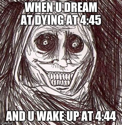 Unwanted House Guest | WHEN U DREAM AT DYING AT 4:45; AND U WAKE UP AT 4:44 | image tagged in memes,unwanted house guest | made w/ Imgflip meme maker