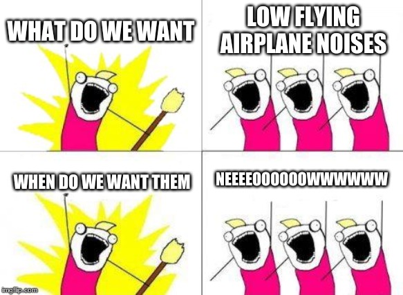 What Do We Want Meme | WHAT DO WE WANT; LOW FLYING AIRPLANE NOISES; NEEEEOOOOOOWWWWWW; WHEN DO WE WANT THEM | image tagged in memes,what do we want | made w/ Imgflip meme maker