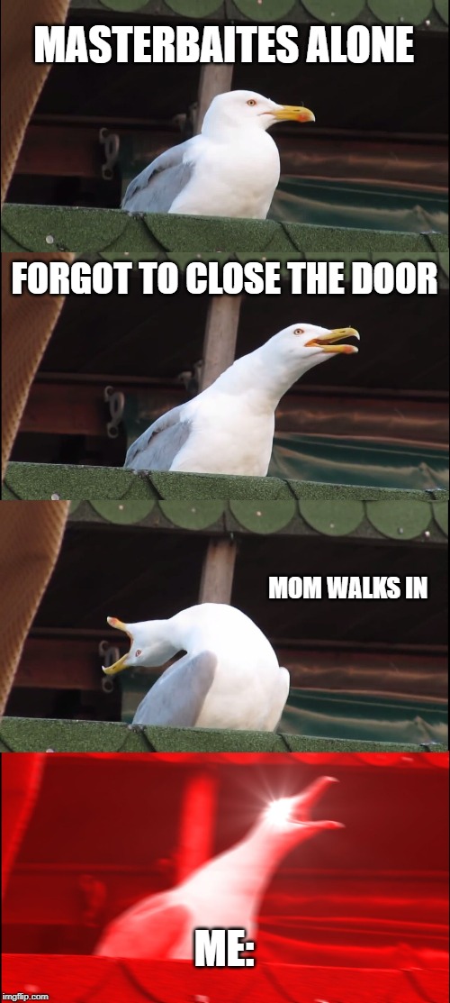 Inhaling Seagull | MASTERBAITES ALONE; FORGOT TO CLOSE THE DOOR; MOM WALKS IN; ME: | image tagged in memes,inhaling seagull | made w/ Imgflip meme maker