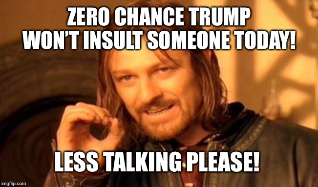 One Does Not Simply Meme | ZERO CHANCE TRUMP WON’T INSULT SOMEONE TODAY! LESS TALKING PLEASE! | image tagged in memes,one does not simply | made w/ Imgflip meme maker
