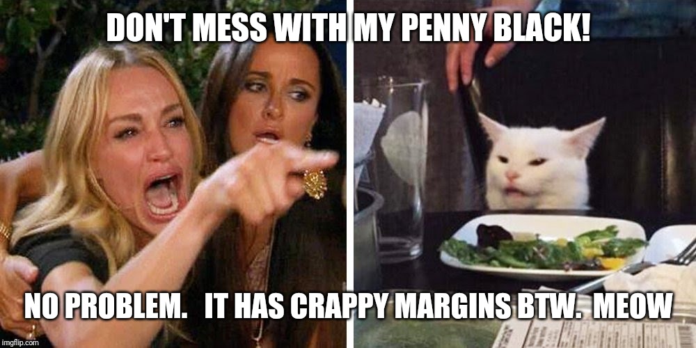 Smudge the cat | DON'T MESS WITH MY PENNY BLACK! NO PROBLEM.   IT HAS CRAPPY MARGINS BTW.  MEOW | image tagged in smudge the cat | made w/ Imgflip meme maker