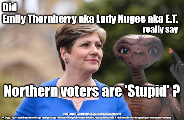 Emily Thornberry - Northern voters are stupid? | Did
Emily Thornberry aka Lady Nugee aka E.T. really say; Northern voters are 'Stupid' ? #gtto #jc4pm #cultofcorbyn #labourisdead #weaintcorbyn #wearecorbyn #NeverCorbyn #resignCorbyn #Labour #ChangeIsComing #toriesout #generalElection2019 #labourpolicies #corbynresign #momentum #exlabour | image tagged in lady nugee - emily thornberry mp,brexit election 2019,cultofcorbyn,labourisdead,lansman momentum,momentum students | made w/ Imgflip meme maker