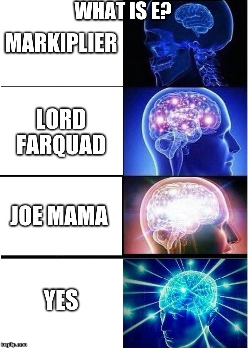 Expanding Brain | WHAT IS E? MARKIPLIER; LORD FARQUAD; JOE MAMA; YES | image tagged in memes,expanding brain | made w/ Imgflip meme maker