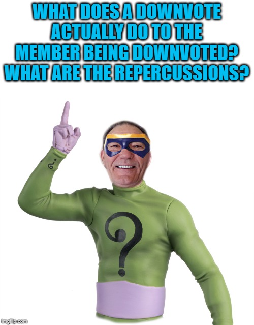 Just curious | WHAT DOES A DOWNVOTE ACTUALLY DO TO THE MEMBER BEING DOWNVOTED?
WHAT ARE THE REPERCUSSIONS? | image tagged in kewlew,question | made w/ Imgflip meme maker