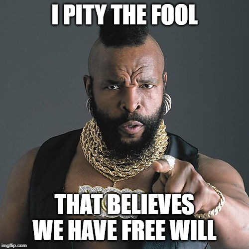 Mr T Pity The Fool | I PITY THE FOOL; THAT BELIEVES WE HAVE FREE WILL | image tagged in memes,mr t pity the fool,free will,philosophy | made w/ Imgflip meme maker