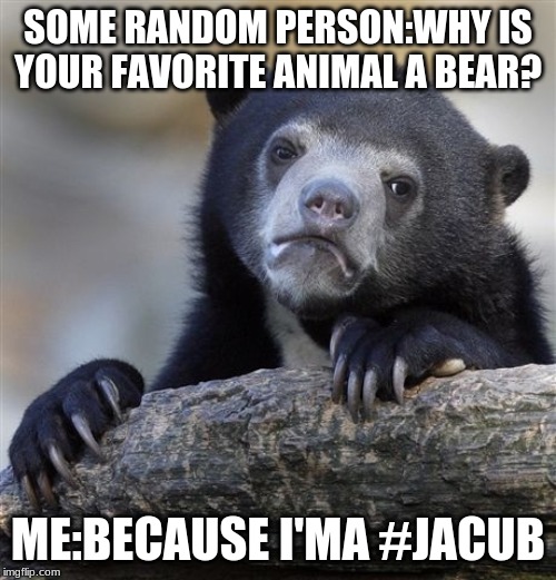 Confession Bear | SOME RANDOM PERSON:WHY IS YOUR FAVORITE ANIMAL A BEAR? ME:BECAUSE I'MA #JACUB | image tagged in memes,confession bear | made w/ Imgflip meme maker
