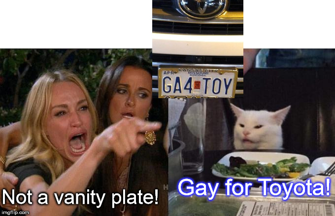 Gay for Toyota | Gay for Toyota! Not a vanity plate! | image tagged in memes,woman yelling at cat | made w/ Imgflip meme maker