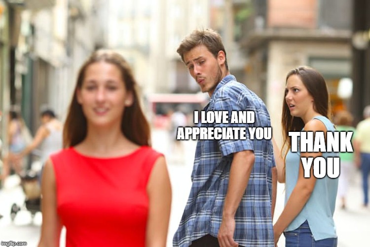 Distracted Boyfriend | I LOVE AND APPRECIATE YOU; THANK YOU | image tagged in memes,distracted boyfriend | made w/ Imgflip meme maker
