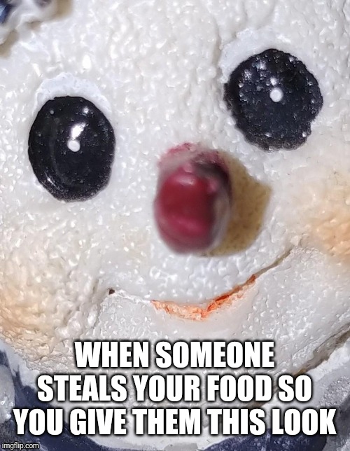 Sno mann | WHEN SOMEONE STEALS YOUR FOOD SO YOU GIVE THEM THIS LOOK | image tagged in sno mann | made w/ Imgflip meme maker