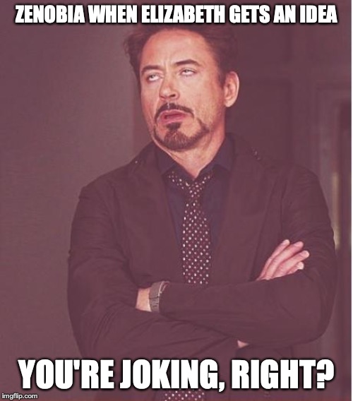 Face You Make Robert Downey Jr Meme | ZENOBIA WHEN ELIZABETH GETS AN IDEA; YOU'RE JOKING, RIGHT? | image tagged in memes,face you make robert downey jr | made w/ Imgflip meme maker