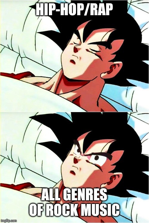 Only Rock fans will understand |  HIP-HOP/RAP; ALL GENRES OF ROCK MUSIC | image tagged in goku sleeping wake up | made w/ Imgflip meme maker