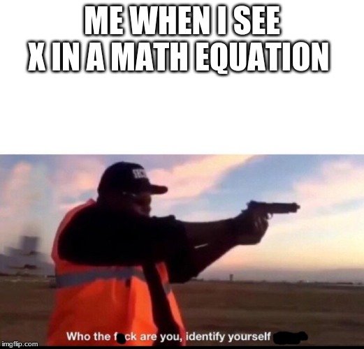 x math equations | ME WHEN I SEE X IN A MATH EQUATION | image tagged in blank white template,funny,math,security | made w/ Imgflip meme maker