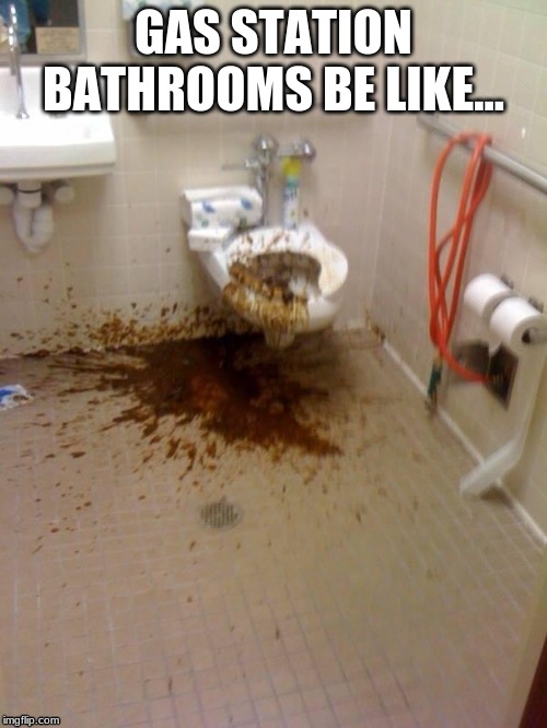 Girls poop too | GAS STATION BATHROOMS BE LIKE... | image tagged in girls poop too | made w/ Imgflip meme maker