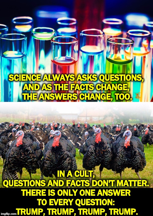 The Difference between Science and Cults | SCIENCE ALWAYS ASKS QUESTIONS, 
AND AS THE FACTS CHANGE, 
THE ANSWERS CHANGE, TOO. IN A CULT, 
QUESTIONS AND FACTS DON'T MATTER. 
THERE IS ONLY ONE ANSWER 
TO EVERY QUESTION: 
TRUMP, TRUMP, TRUMP, TRUMP. | image tagged in science,question,facts,cult,religion,trump | made w/ Imgflip meme maker