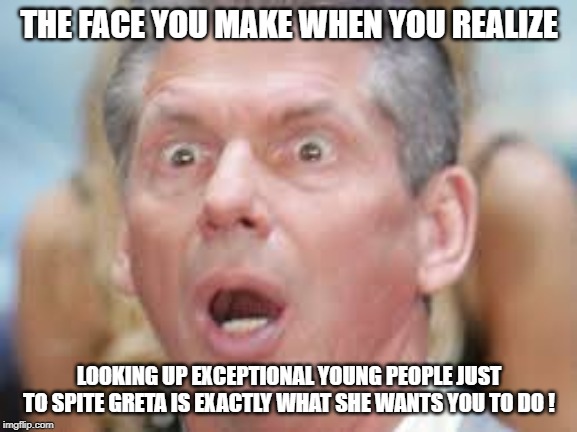 THE FACE YOU MAKE WHEN YOU REALIZE; LOOKING UP EXCEPTIONAL YOUNG PEOPLE JUST TO SPITE GRETA IS EXACTLY WHAT SHE WANTS YOU TO DO ! | image tagged in greta thunberg,greta | made w/ Imgflip meme maker