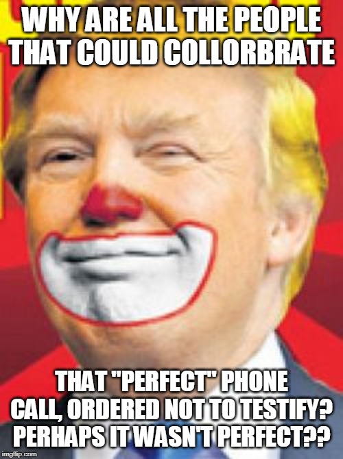 Donald Trump the Clown | WHY ARE ALL THE PEOPLE THAT COULD COLLORBRATE; THAT "PERFECT" PHONE CALL, ORDERED NOT TO TESTIFY? PERHAPS IT WASN'T PERFECT?? | image tagged in donald trump the clown | made w/ Imgflip meme maker