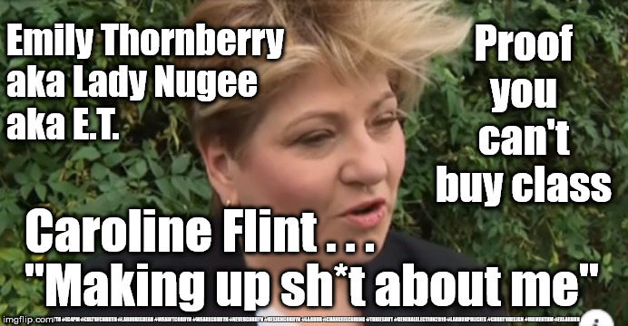 Labour - Emily Thornberry v Caroline Flint | Emily Thornberry
aka Lady Nugee
aka E.T. Proof you can't buy class; Caroline Flint . . . 
"Making up sh*t about me"; #GTTO #JC4PM #CULTOFCORBYN #LABOURISDEAD #WEAINTCORBYN #WEARECORBYN #NEVERCORBYN #RESIGNCORBYN #LABOUR #CHANGEISCOMING #TORIESOUT #GENERALELECTION2019 #LABOURPOLICIES #CORBYNRESIGN #MOMENTUM #EXLABOUR | image tagged in labour thornberry,brexit election 2019,lansman momentum,northern voters stupid,cultofcorbyn,labourisdead | made w/ Imgflip meme maker