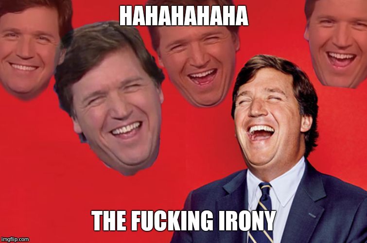Tucker laughs at libs | HAHAHAHAHA THE F**KING IRONY | image tagged in tucker laughs at libs | made w/ Imgflip meme maker