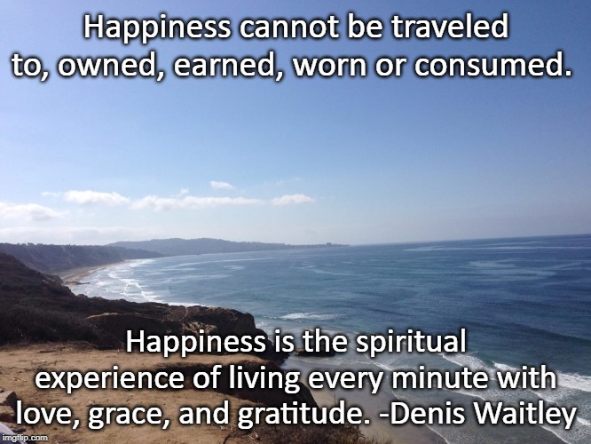 Happiness cannot be traveled to, owned, earned, worn or consumed. Happiness is the spiritual experience of living every minute with love, grace, and gratitude. -Denis Waitley | image tagged in happiness,peace | made w/ Imgflip meme maker