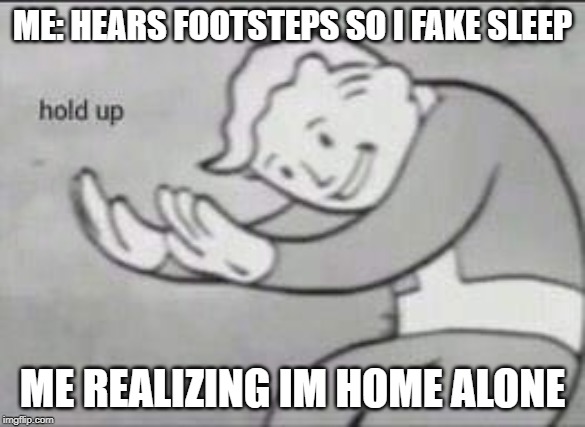 Fallout Hold Up | ME: HEARS FOOTSTEPS SO I FAKE SLEEP; ME REALIZING IM HOME ALONE | image tagged in fallout hold up | made w/ Imgflip meme maker