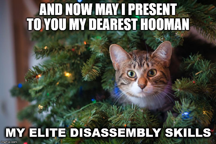 Cat vs. Tree #74 | AND NOW MAY I PRESENT TO YOU MY DEAREST HOOMAN; MY ELITE DISASSEMBLY SKILLS | image tagged in cat,christmas tree,clark griswold | made w/ Imgflip meme maker