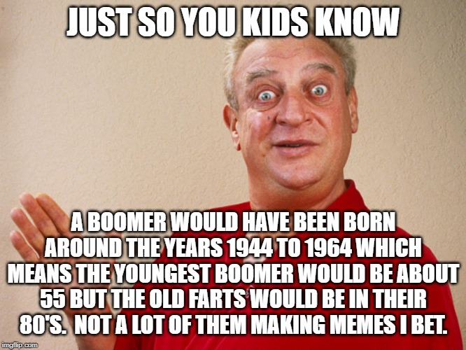 Just so you know. | JUST SO YOU KIDS KNOW; A BOOMER WOULD HAVE BEEN BORN AROUND THE YEARS 1944 TO 1964 WHICH MEANS THE YOUNGEST BOOMER WOULD BE ABOUT 55 BUT THE OLD FARTS WOULD BE IN THEIR 80'S.  NOT A LOT OF THEM MAKING MEMES I BET. | image tagged in just so you know | made w/ Imgflip meme maker