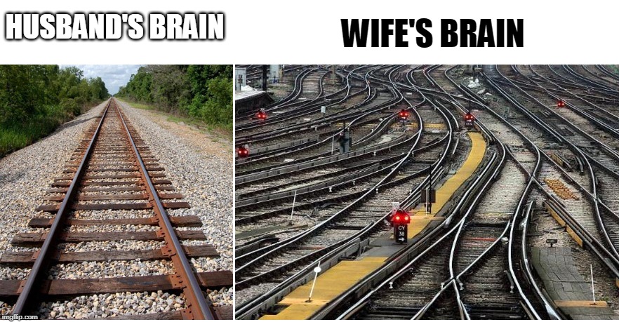 Husband's brain Wife's brain | WIFE'S BRAIN; HUSBAND'S BRAIN | image tagged in railroad tracks,husband,wife,men,women | made w/ Imgflip meme maker