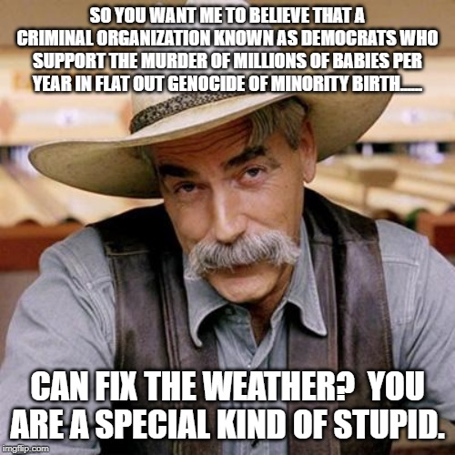 SARCASM COWBOY | SO YOU WANT ME TO BELIEVE THAT A CRIMINAL ORGANIZATION KNOWN AS DEMOCRATS WHO SUPPORT THE MURDER OF MILLIONS OF BABIES PER YEAR IN FLAT OUT GENOCIDE OF MINORITY BIRTH...... CAN FIX THE WEATHER?  YOU ARE A SPECIAL KIND OF STUPID. | image tagged in sarcasm cowboy | made w/ Imgflip meme maker