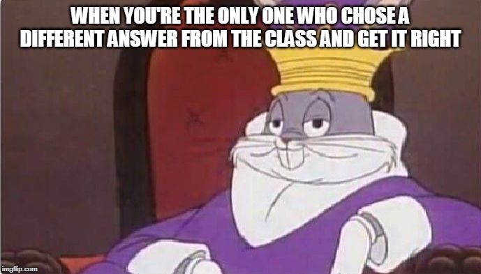 Bugs Bunny King | WHEN YOU'RE THE ONLY ONE WHO CHOSE A DIFFERENT ANSWER FROM THE CLASS AND GET IT RIGHT | image tagged in bugs bunny king | made w/ Imgflip meme maker