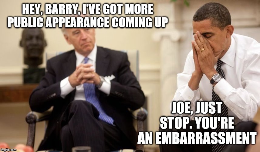 Biden Obama | HEY, BARRY, I'VE GOT MORE PUBLIC APPEARANCE COMING UP; JOE, JUST STOP. YOU'RE AN EMBARRASSMENT | image tagged in biden obama | made w/ Imgflip meme maker