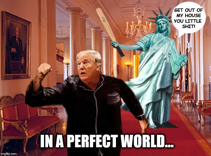 Liberty & Justice for all! | GET OUT OF
 MY HOUSE 
YOU LITTLE 
SHIT! IN A PERFECT WORLD... | image tagged in statue of liberty,donald trump,impeach trump,trump is a moron,crooked | made w/ Imgflip meme maker