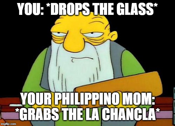 That's a paddlin' Meme | YOU: *DROPS THE GLASS*; YOUR PHILIPPINO MOM: *GRABS THE LA CHANCLA* | image tagged in memes,that's a paddlin' | made w/ Imgflip meme maker