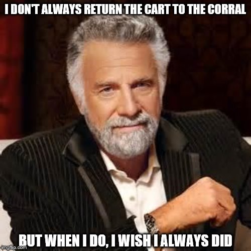 Dos Equis Guy Awesome | I DON'T ALWAYS RETURN THE CART TO THE CORRAL; BUT WHEN I DO, I WISH I ALWAYS DID | image tagged in dos equis guy awesome | made w/ Imgflip meme maker