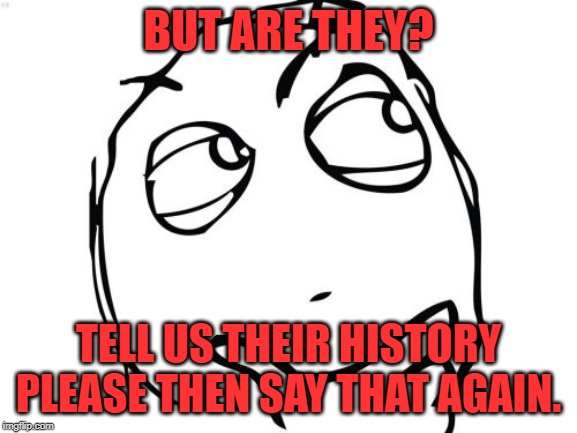 Question Rage Face Meme | BUT ARE THEY? TELL US THEIR HISTORY PLEASE THEN SAY THAT AGAIN. | image tagged in memes,question rage face | made w/ Imgflip meme maker